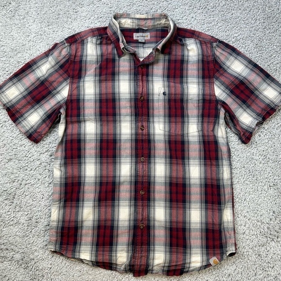 Carhartt Shirt Mens Medium Button Up Short Sleeve Relaxed Fit Plaid Front Pocket - Picture 1 of 3